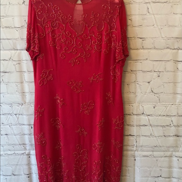 A. J. Bari Formal Festive Heavily Beaded Medium Length Red Silk Dress Sz 14 - Picture 1 of 15